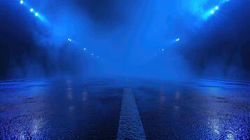 AI generated dark empty street, dark blue background, an empty dark scene, neon light, spotlights The asphalt floor and studio room with smoke float up the interior texture. night view photo