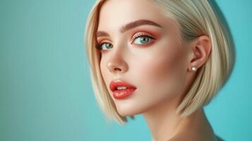 AI generated Beautiful model girl with short straight hair .Beauty woman with blonde Bob hairstyle .Fashion, cosmetics and makeup photo