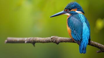 AI generated Adorable colorful bright kingfisher with blue feathers sitting on thin branch against green background in nature photo