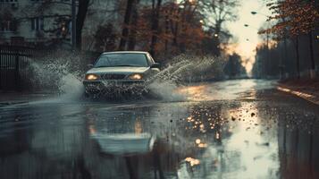 AI generated Car driving through the puddle and splashing by water. photo