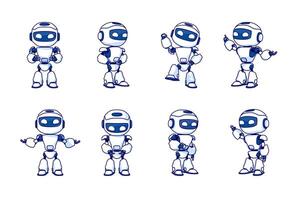 Robot character set for the animation with various poses. Vector illustration.