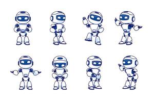 Robot character set for the animation with various poses. Vector illustration.