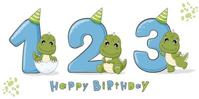 Cute dinosaur birthday party with numbers 1, 2, 3. First, second and third birthday. vector