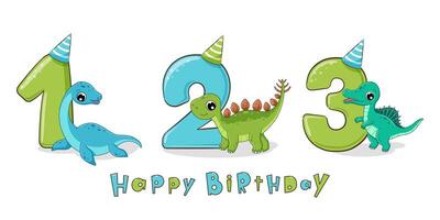 linda dinosaurio cumpleaños fiesta con números 1, 2, 3. primero, segundo y tercero cumpleaños. vector