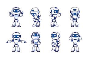 Robot character set for the animation with various poses. Vector illustration.