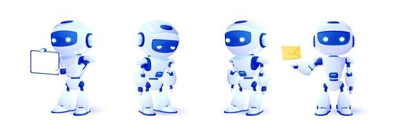 Set of 3d robots in different views. Online communication with artificial intelligence chat bot. Modern technology. Online consultation. vector