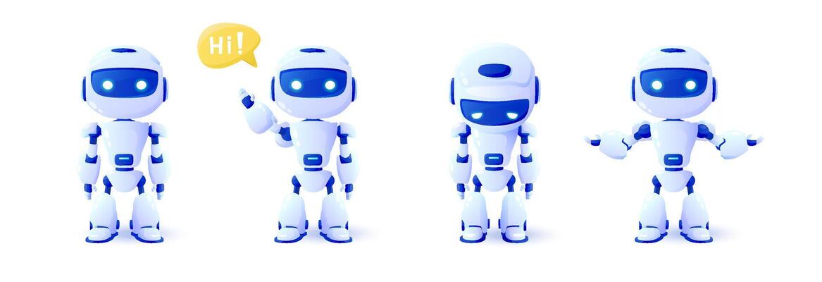 Set of 3d robots in different views. Online communication with artificial intelligence chat bot. Modern technology. Online consultation.