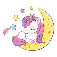 Beautiful cute baby unicorn is sleeping on the moon. Cartoon vector illustration