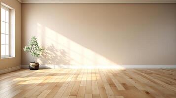 Empty room with wooden floor and white wall photo