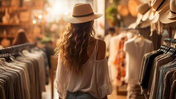 woman in hat looking at clothes in fashion store on blurred background photo