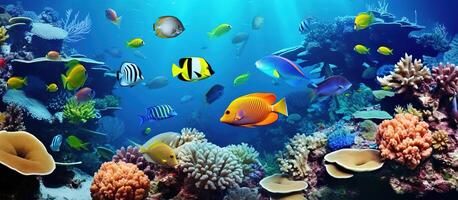 Underwater world with corals and tropical fish photo