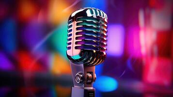 AI generated Retro Chrome Microphone against a Colorful Bokeh Background photo