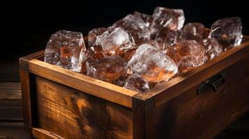 ai generado whisky hielo cubitos en rústico de madera caja foto