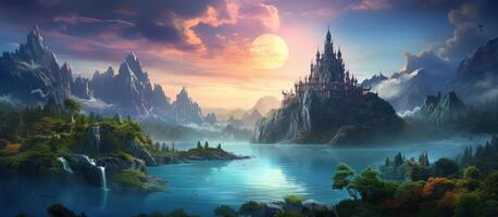 AI generated Majestic Fantasy Kingdom with Mystical Mountains photo