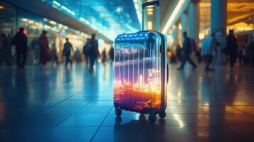 AI generated Cityscape Reflection on Travel Suitcase in Airport photo