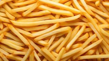 AI generated Golden French fries potatoes background, close-up, top view. photo