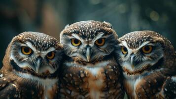 AI generated Trio of Owls with Intense Gaze photo