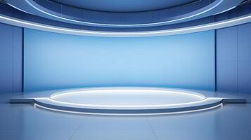 AI generated 3d rendering of a blue empty room with a round podium in the middle photo