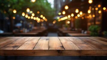 Empty wooden table and bokeh light background. For product display photo