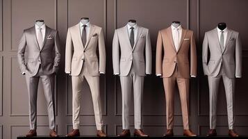 AI generated Men's suits in a shop window. Luxury and fashionable clothing. photo