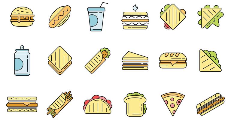 Sandwich bar icons set vector color line