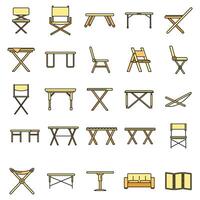 Picnic folding furniture icons set vector color line