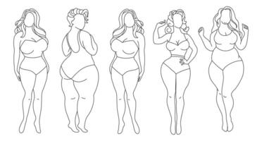 siluetas de mujer con diferente cifras, colocar, bosquejo. cuerpo positividad concepto. línea arte, vector