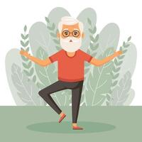 Happy old man grandfather goes in for sports, yoga, walks. An elderly man is exercising. Flat illustration in cartoon style, vector