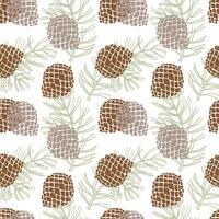 Seamless pattern, contour cedar cones and coniferous branches on a white background. Background, textile, vector