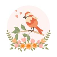 Cute cartoon birds on a branch in a flower frame. Greeting card design, spring illustration. Vector