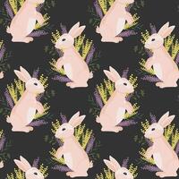 Seamless pattern, cute Easter bunnies and spring flowers on a dark background. Holiday print, illustration, background, vector