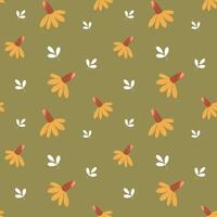 Seamless pattern, small daisies and scattered leaves on a green background, Background, print, textile, wallpaper, vector