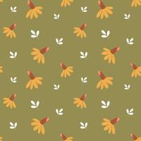 Seamless pattern, small daisies and scattered leaves on a green background, Background, print, textile, wallpaper, vector