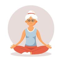 Happy old lady grandmother doing sports, yoga, walking. Elderly people exercising. Flat illustration in cartoon style, vector
