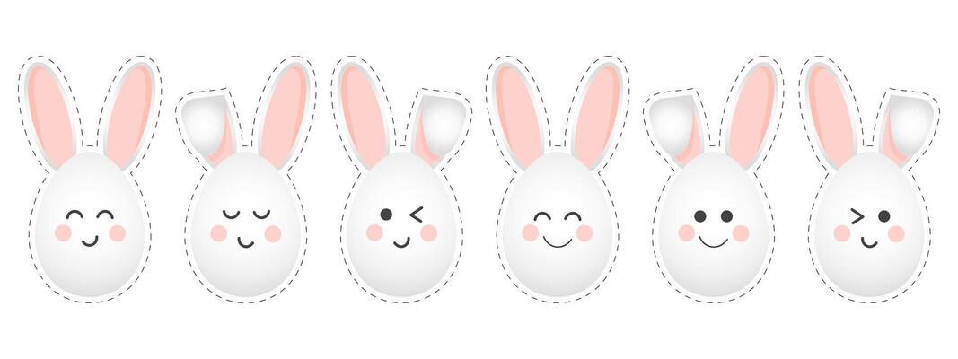 Set of Easter Bunny faces with different emotions. Holiday icons, stickers, decor elements, vector