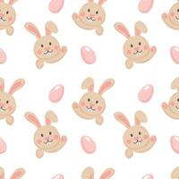Seamless pattern, funny faces of Easter bunnies and eggs on a white background. Festive background, print, textile, vector