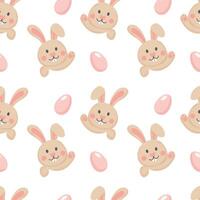 Seamless pattern, funny faces of Easter bunnies and eggs on a white background. Festive background, print, textile, vector