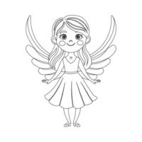 Cute cupid girl with bow and arrow, angel girl, cherub princess. Linear drawing for coloring book, sketch. Vector