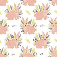 Seamless pattern, cute Easter bunnies and spring flowers on a white background. Holiday print, illustration, background, vector