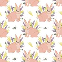 Seamless pattern, cute Easter bunnies and spring flowers on a white background. Holiday print, illustration, background, vector