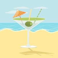 Summer refreshing cocktail with an olive, a cocktail umbrella and a straw on the sea beach. Illustration, postcard, vector