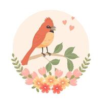 Cute cartoon birds on a branch in a flower frame. Greeting card design, spring illustration. Vector