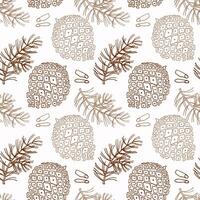 Seamless pattern, contour cedar cones and coniferous branches on a white background. Background, textile, vector