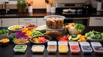 AI generated Colorful Meal Prep Containers on Kitchen Counter photo