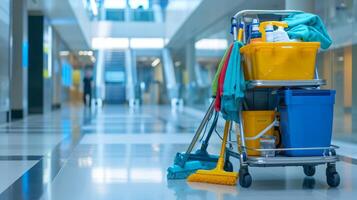 AI generated Cleaning Supplies and Cart in a Modern Office Corridor photo