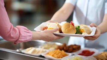 AI generated catering, food delivery and people concept - close up of female hands with food at restaurant photo