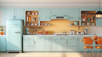 AI generated Stylish Retro Kitchen Interior with Pastel Colors photo