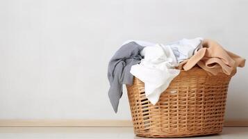 AI generated Wicker basket with dirty clothes on floor against light background. Space for text photo