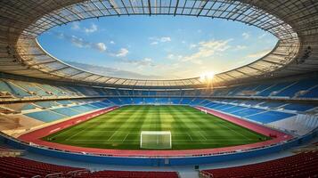 AI generated 3D render of a beautiful modern football stadium with red seats and VIP boxes for hundred thousand fans photo