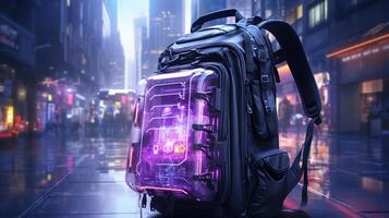 ai generado cyberpunk mochila en lluvioso ciudad calle foto